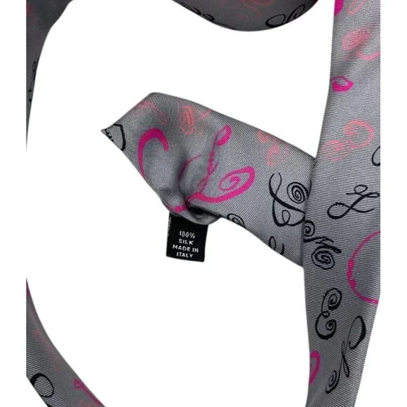 CHRISTIAN LACROIX Men's 100% Silk Necktie LUXURY Gray Monogram Logo W:3.5" EUC